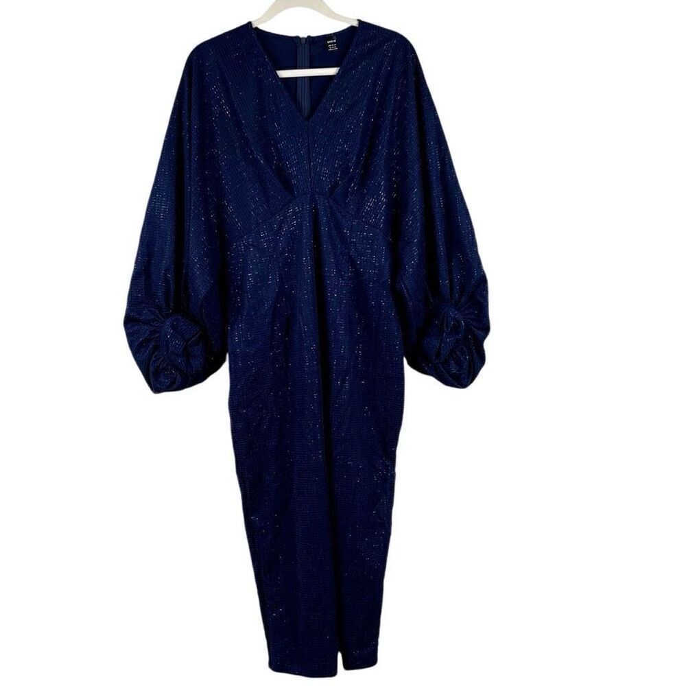 Shein Navy Blue Shimmery Long Puff Sleeve Evening Gown XL